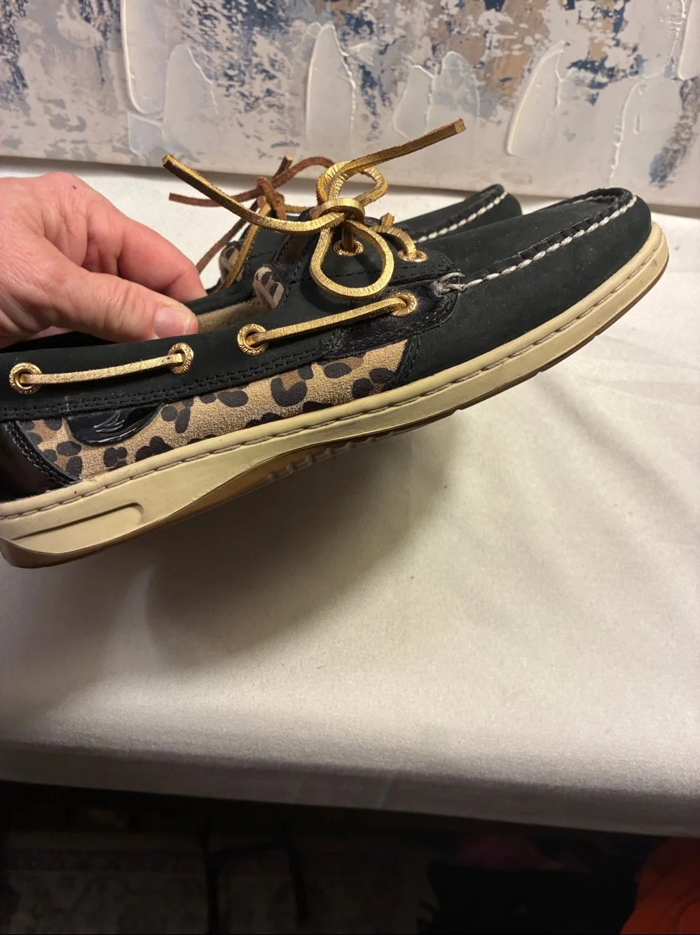 Genuine Sperry Black Leather Boat Shoes with Leopard Accent - Women’s Size 7.5